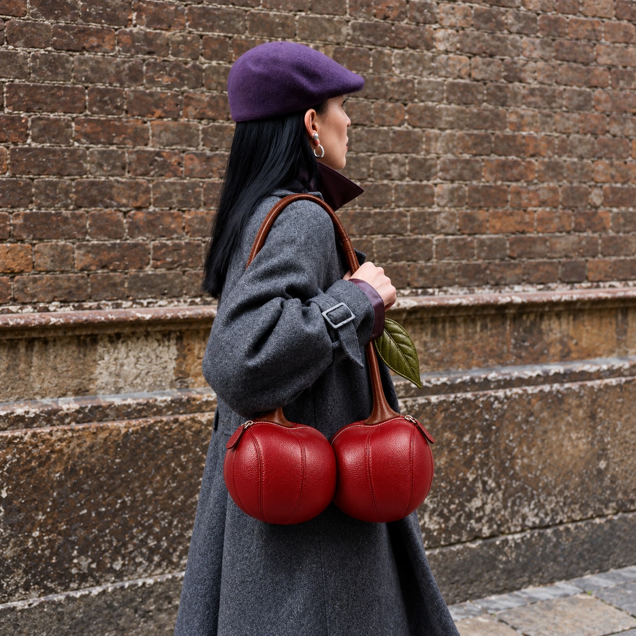 Cherry Crush styled with a grey coat and purple cap on a brick-lined street